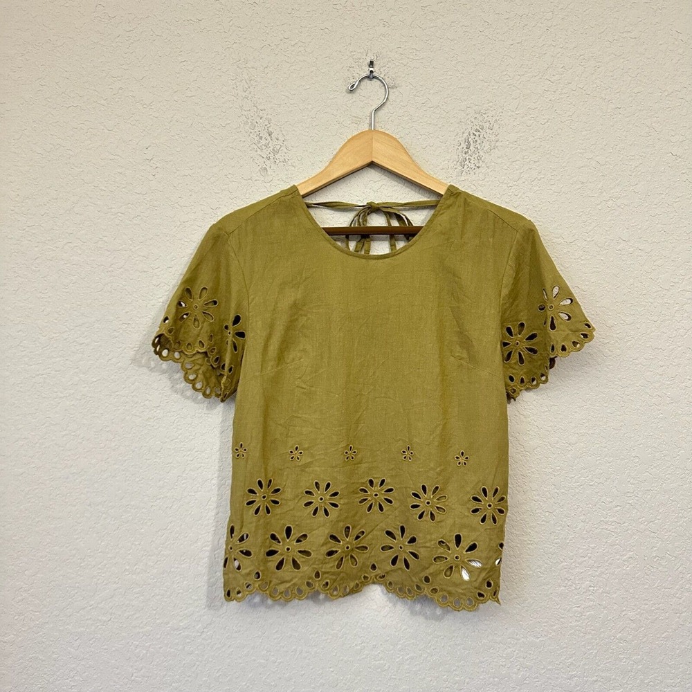 MADEWELL Floral Eyelet Crop Top Scalloped Hem Olive Green